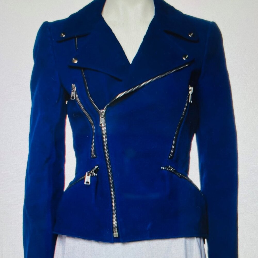 ALEXANDER MCQUEEN COBALT NUBUCK LEATHER MOTO JACKET - SIZE 40 IT - PRISTINE